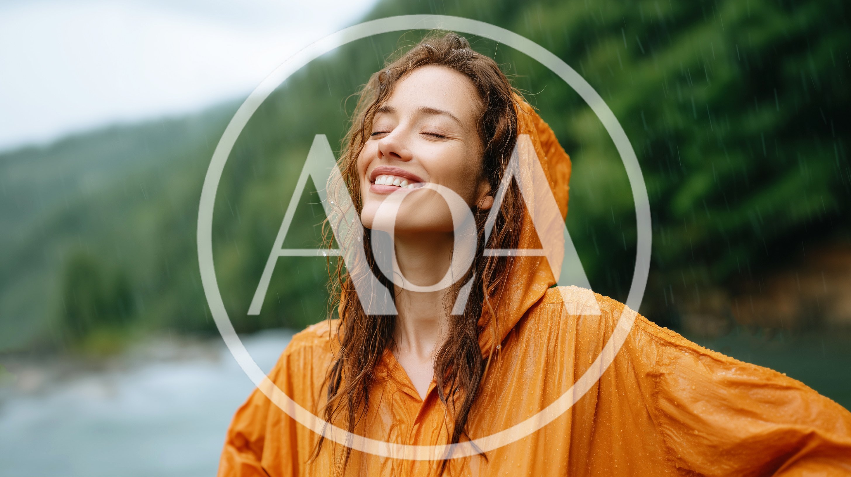 Happy Woman Enjoying Rain In Yellow Raincoat