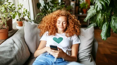 Young Woman With Red Hair Relaxing On Sofa