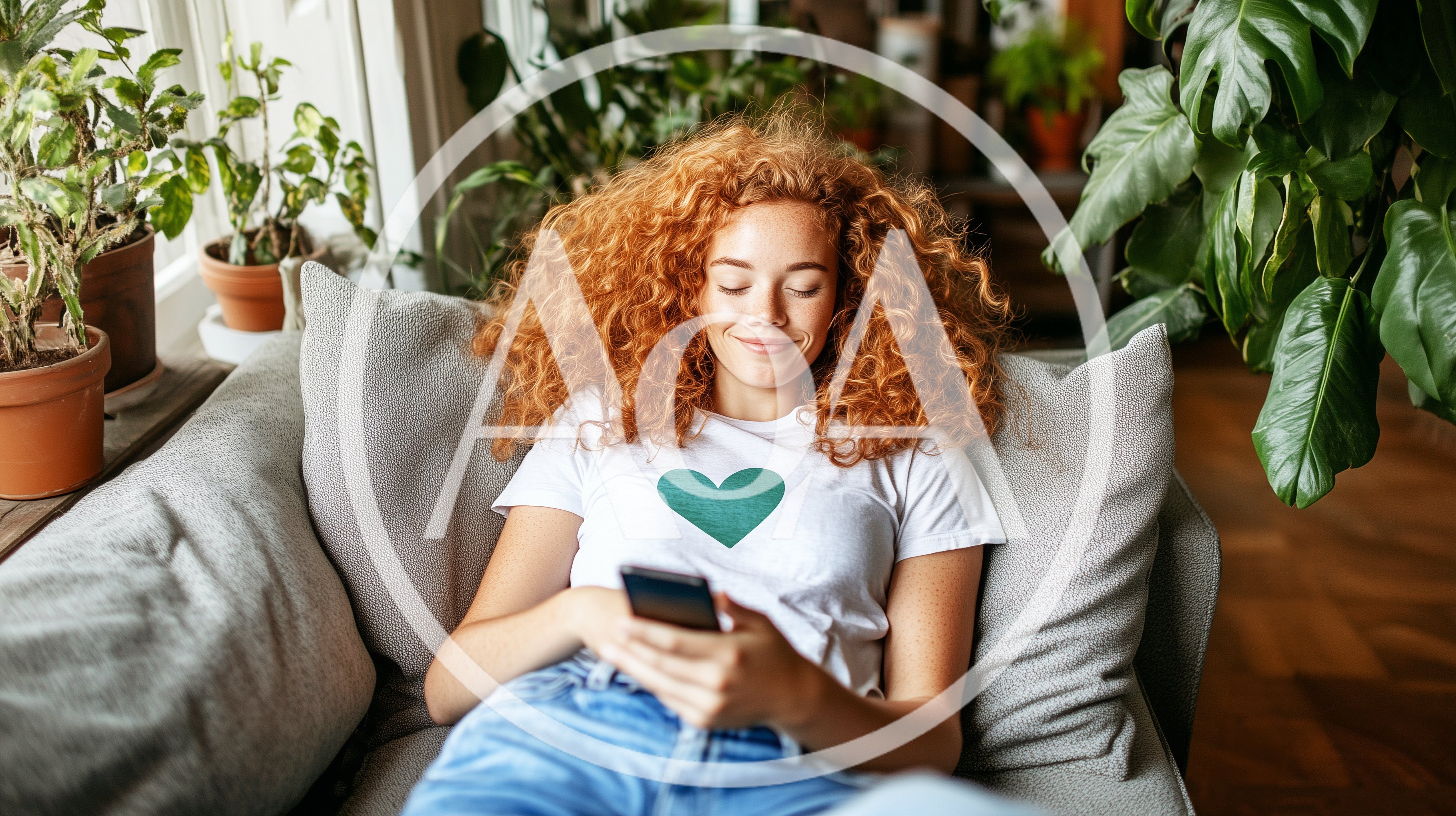 Young Woman With Red Hair Relaxing On Sofa