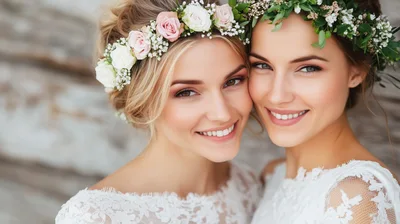 Two Beautiful Brides Wearing Floral Crowns