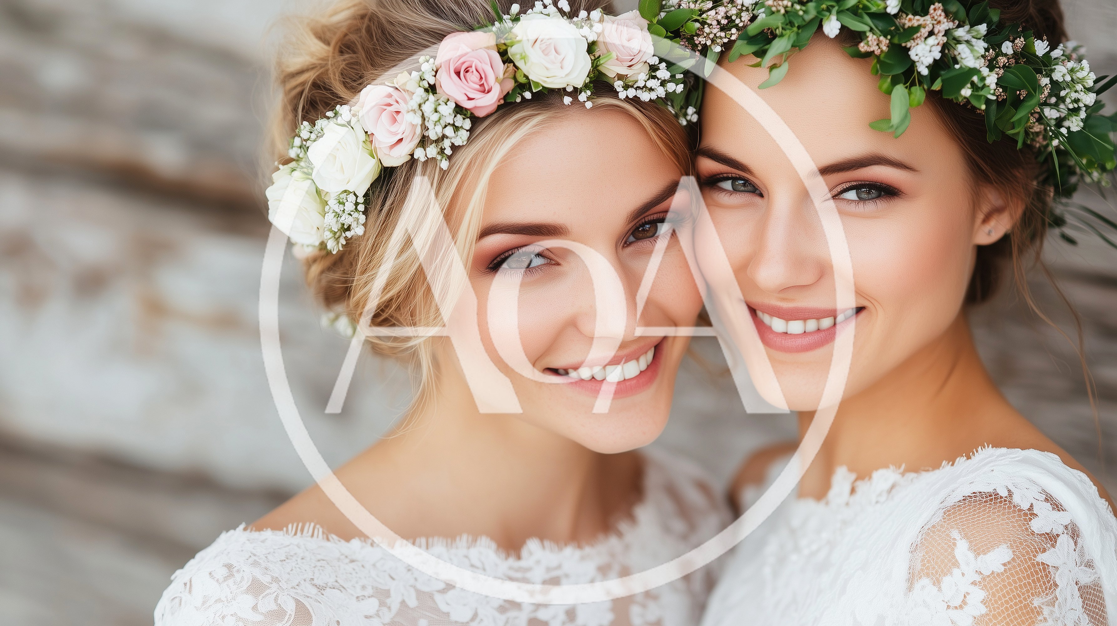 Two Beautiful Brides Wearing Floral Crowns