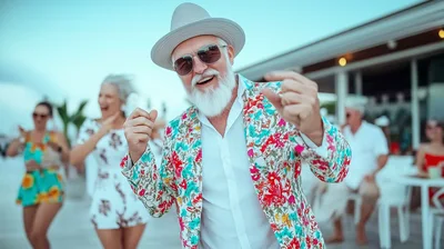 Senior Man Dancing Joyfully at a Beach Party