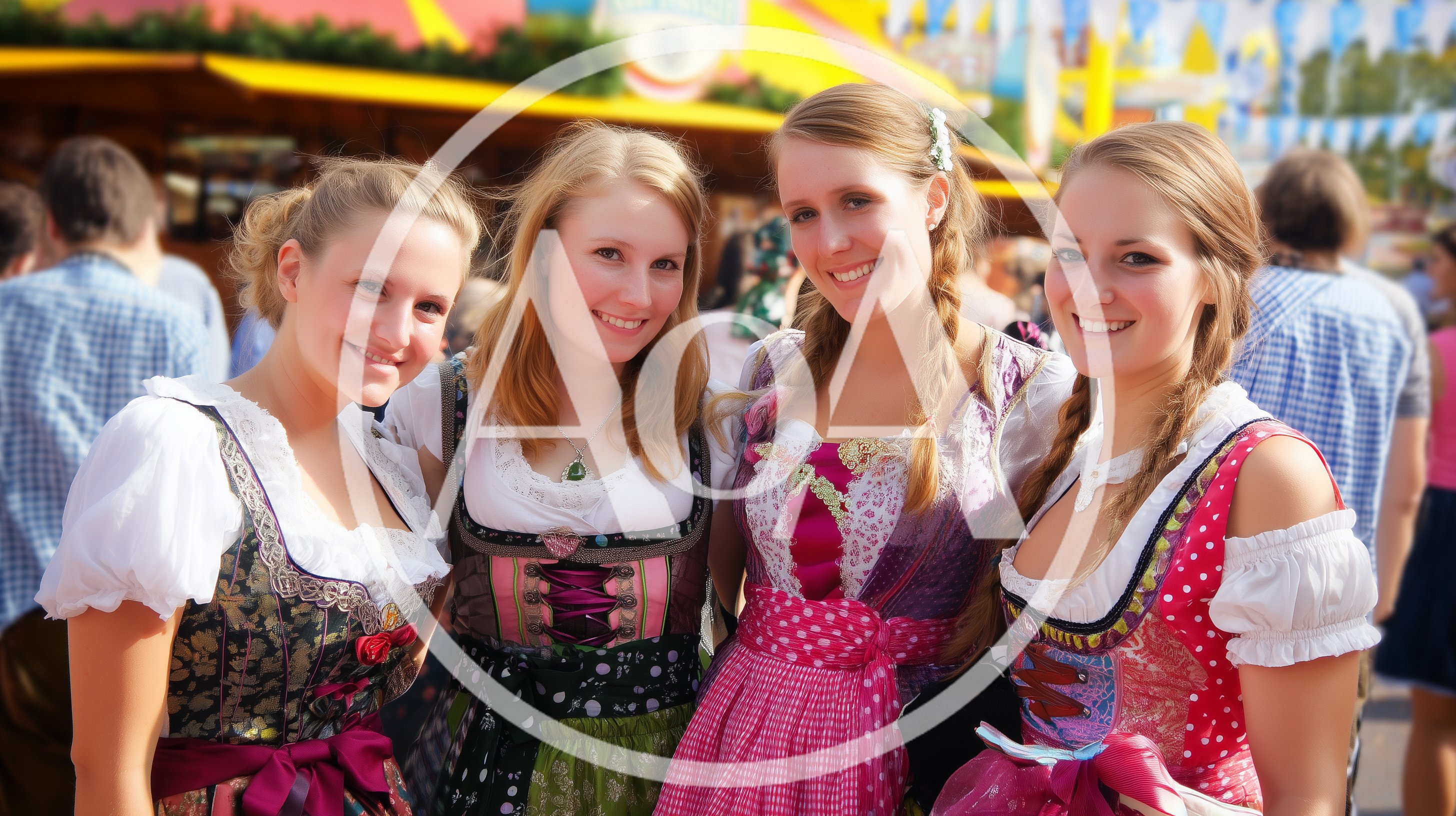 Four Young Women Wearing Traditional Dirndl Dresses