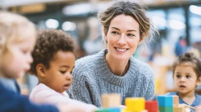Teacher Playing With Toddlers In A Preschool Classroom