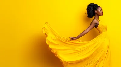 Elegant Black Woman Posing In Flowing Yellow Dress
