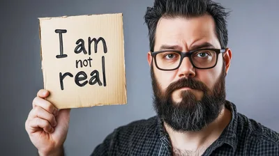 Man Holding Cardboard Sign With Text I Am Not Real