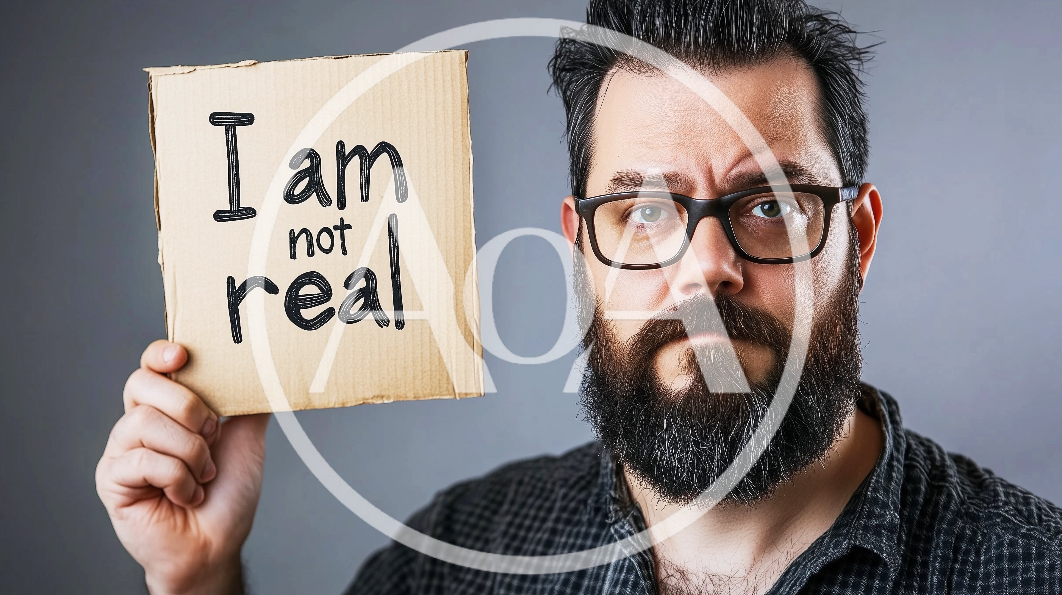 Man Holding Cardboard Sign With Text I Am Not Real