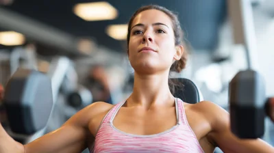 Young Woman Performing Dumbbell Shoulder Press In Gym