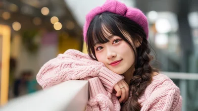 Young Asian Woman Wearing Pink Beret and Sweater