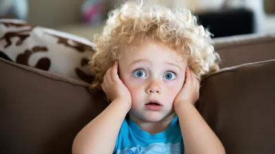Surprised Toddler With Curly Blonde Hair Holding Face