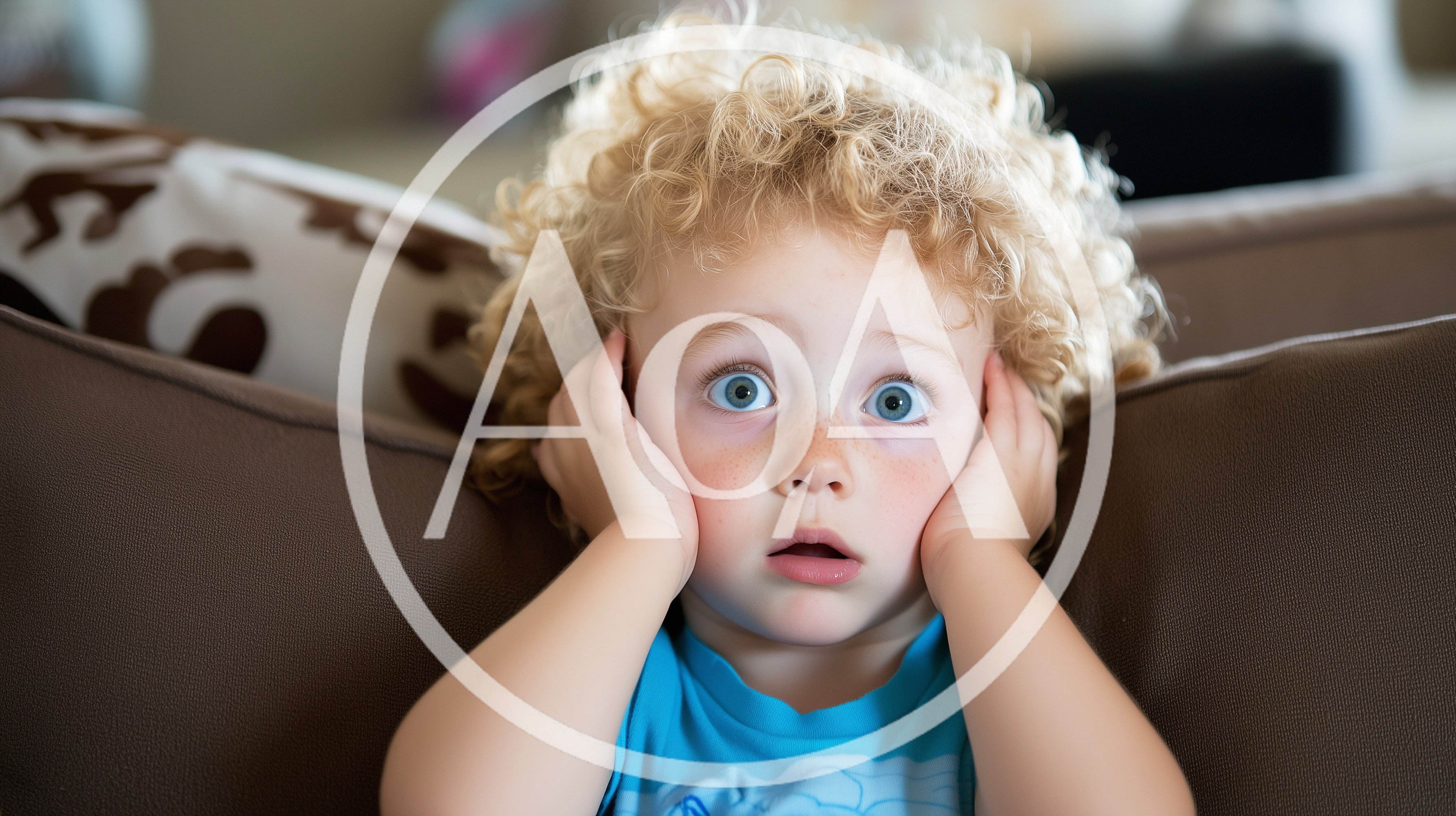Surprised Toddler With Curly Blonde Hair Holding Face