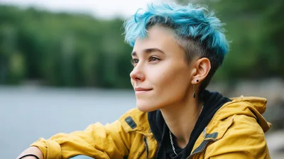 Young Person With Blue Hair Looking Away Outdoors