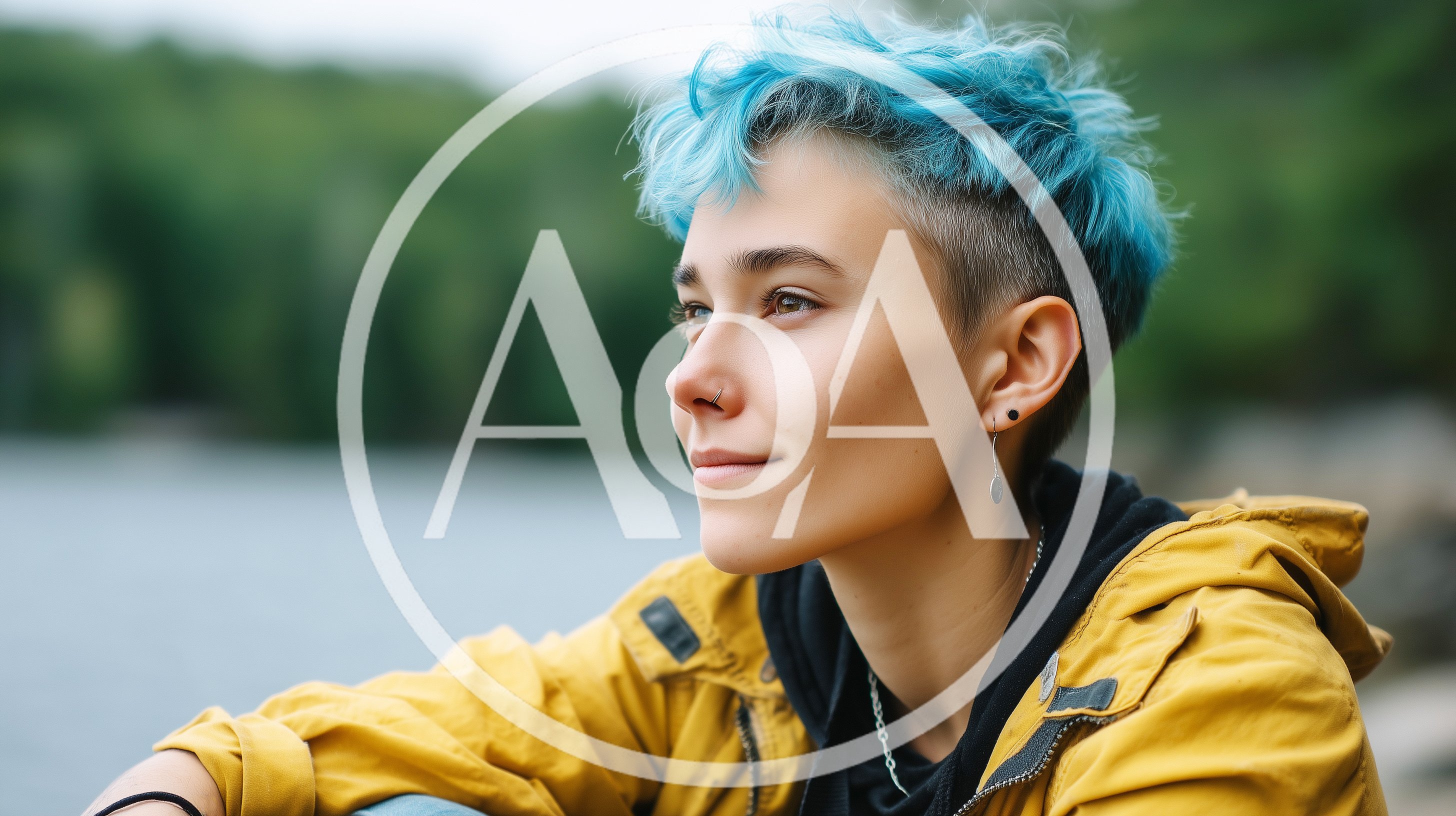 Young Person With Blue Hair Looking Away Outdoors
