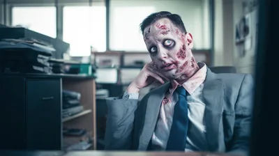 Zombie Office Worker Sitting at Desk