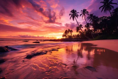 Tropical Beach Sunset With Palm Trees