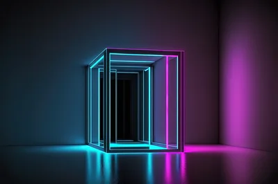 Neon Glowing Rectangular Portal In Dark Room