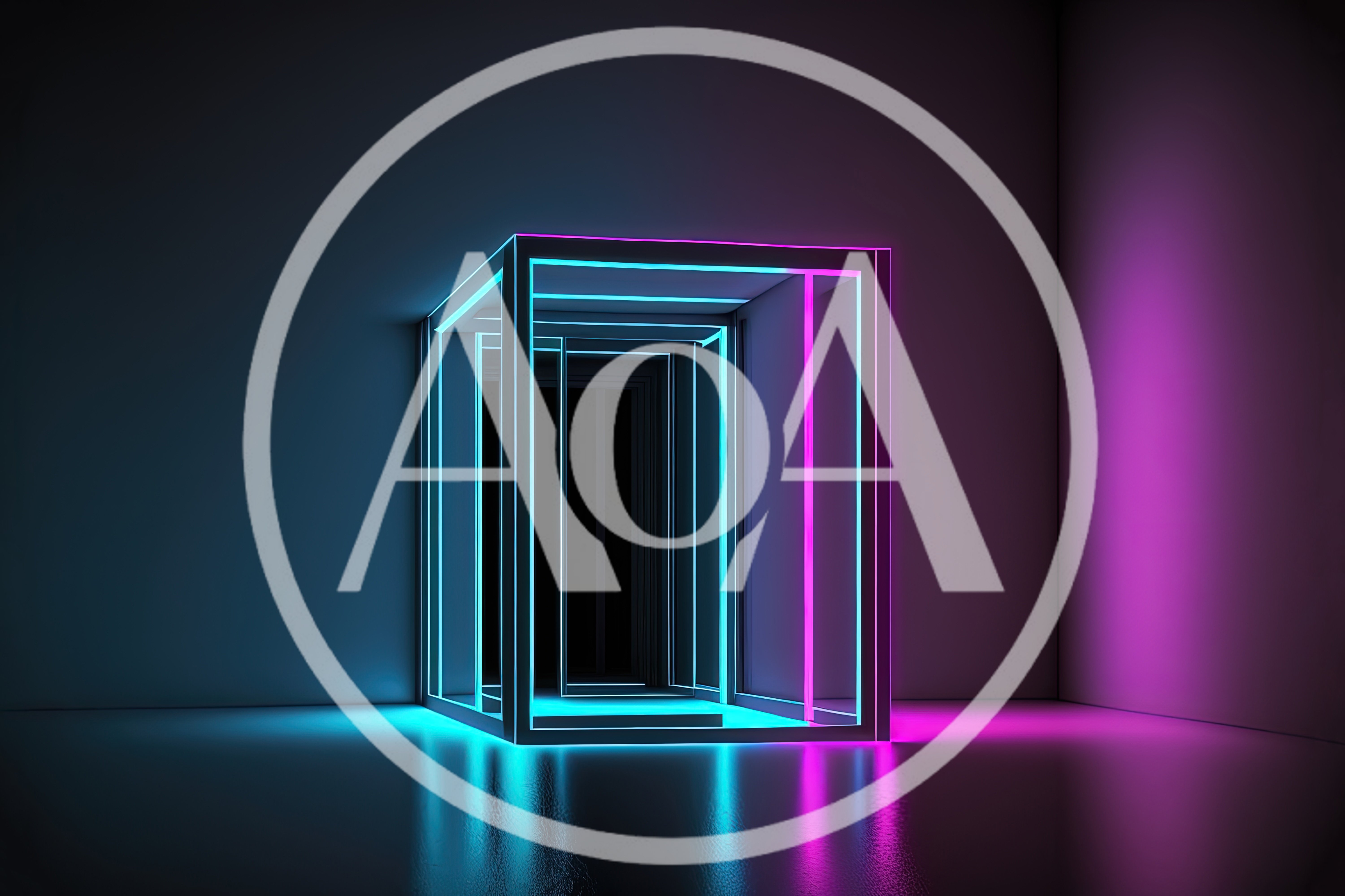 Neon Glowing Rectangular Portal In Dark Room