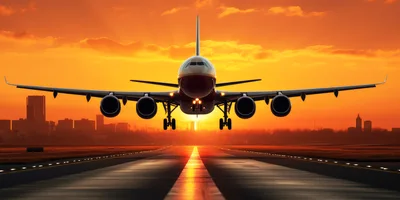Commercial Airplane Landing On Runway At Sunset