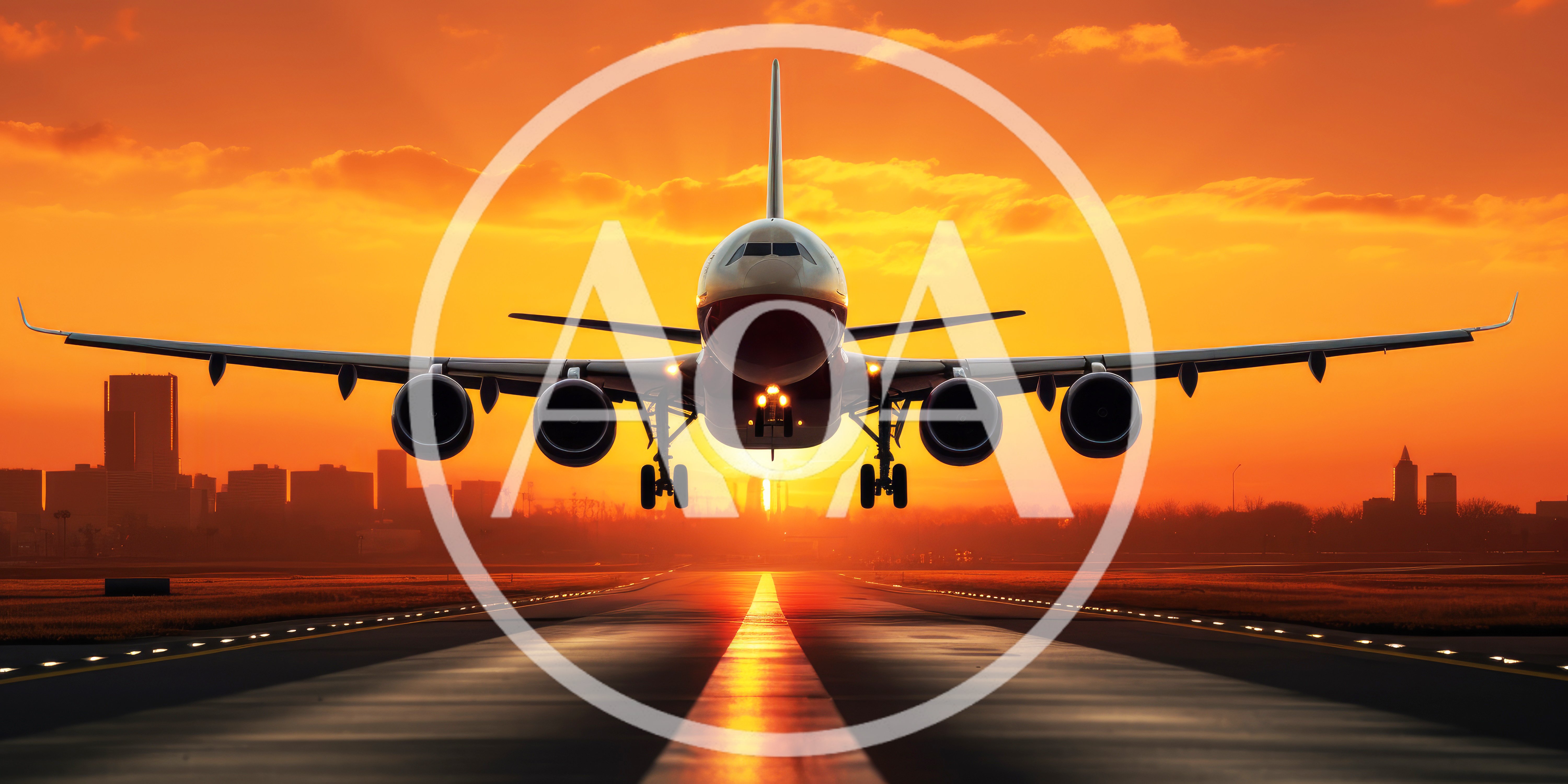 Commercial Airplane Landing On Runway At Sunset