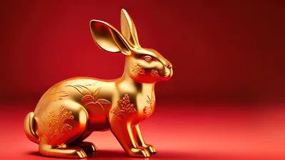 Golden Rabbit Statue On Red Background