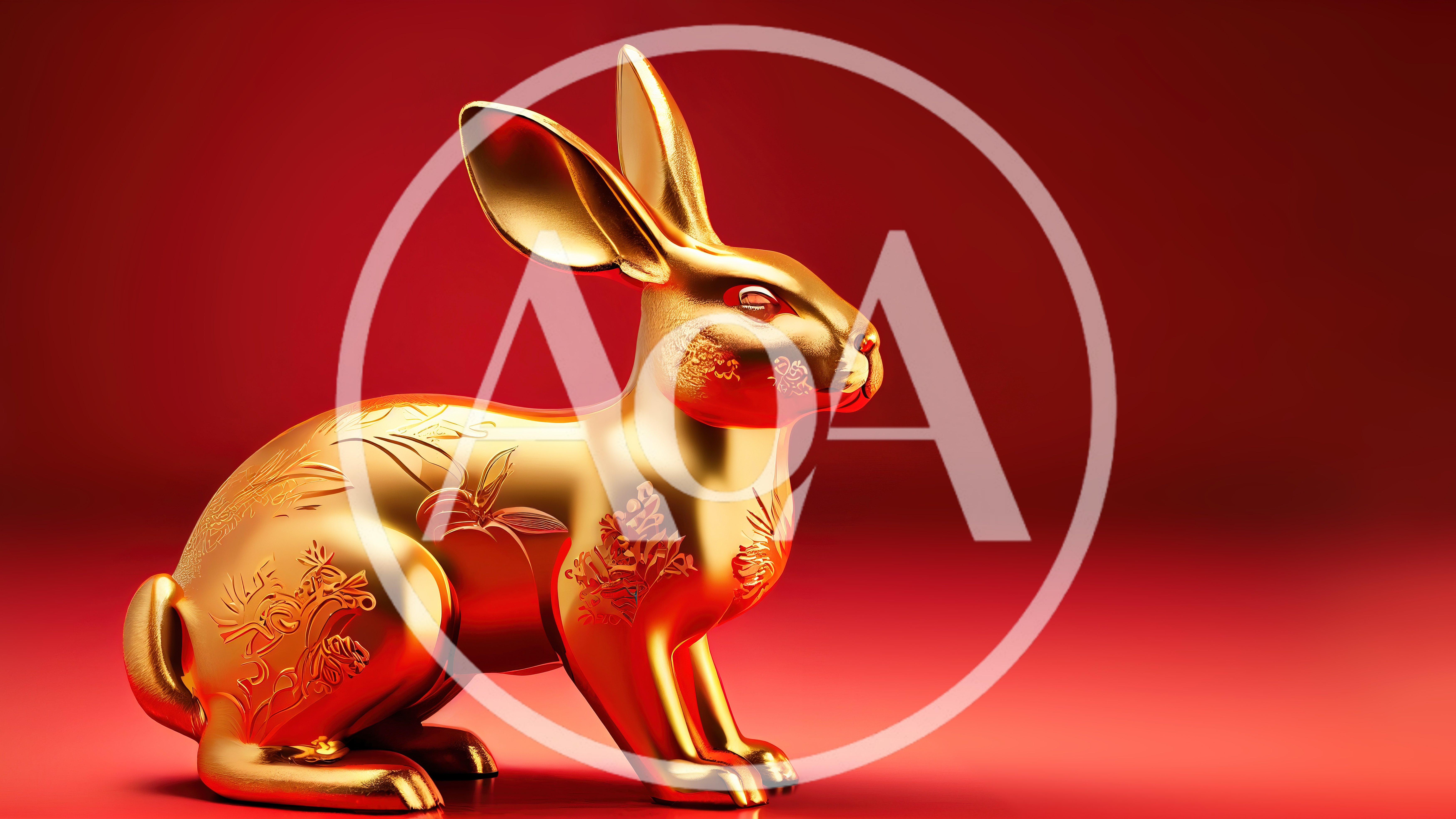 Golden Rabbit Statue On Red Background