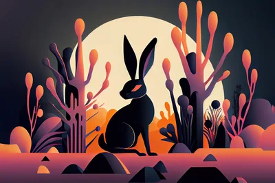Stylized Black Rabbit Silhouette Against A Large Moon