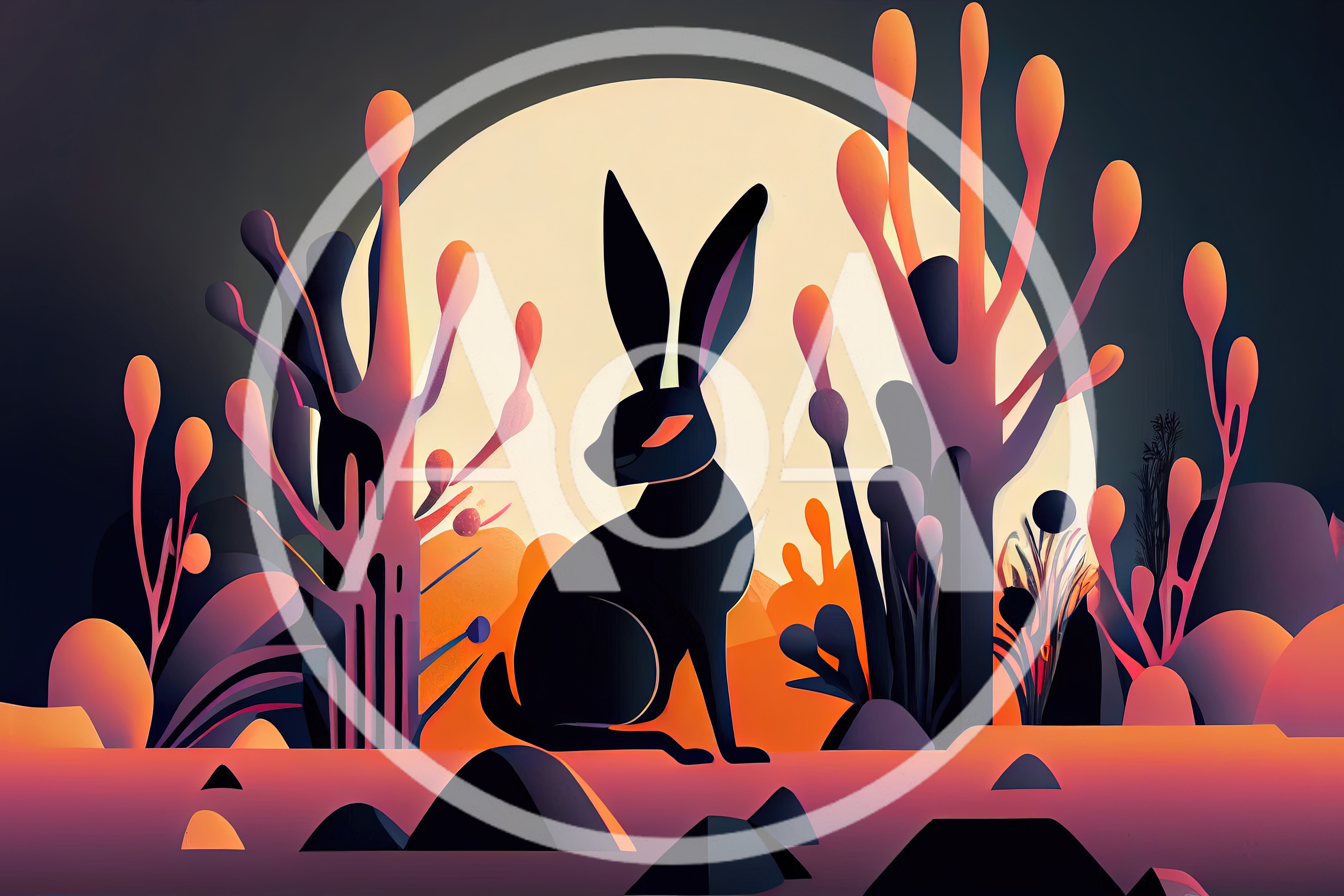 Stylized Black Rabbit Silhouette Against A Large Moon
