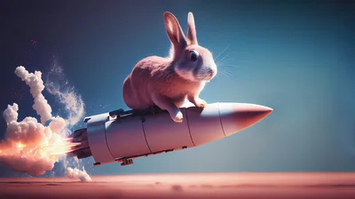 Cute Rabbit Riding A Rocket Through The Sky