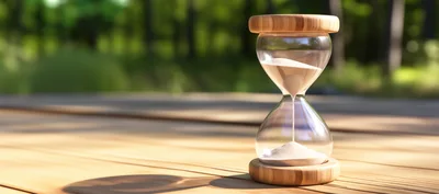 Wooden Hourglass With Flowing Sand On A Sunny Table