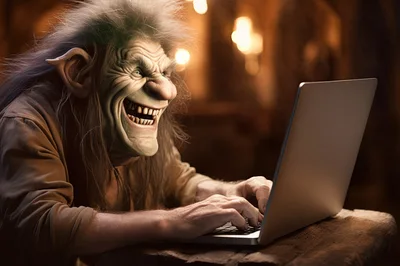 Fantasy Troll Character Typing On A Laptop Computer