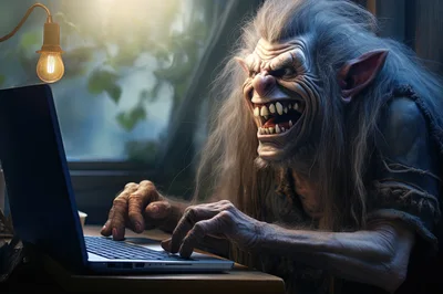 Fierce Troll Typing On A Laptop Computer