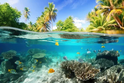 Split Level View Of Tropical Coral Reef