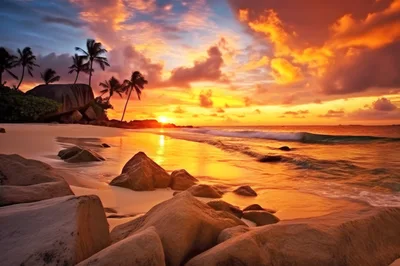 Tropical Beach Sunset With Palm Trees And Granite Rocks