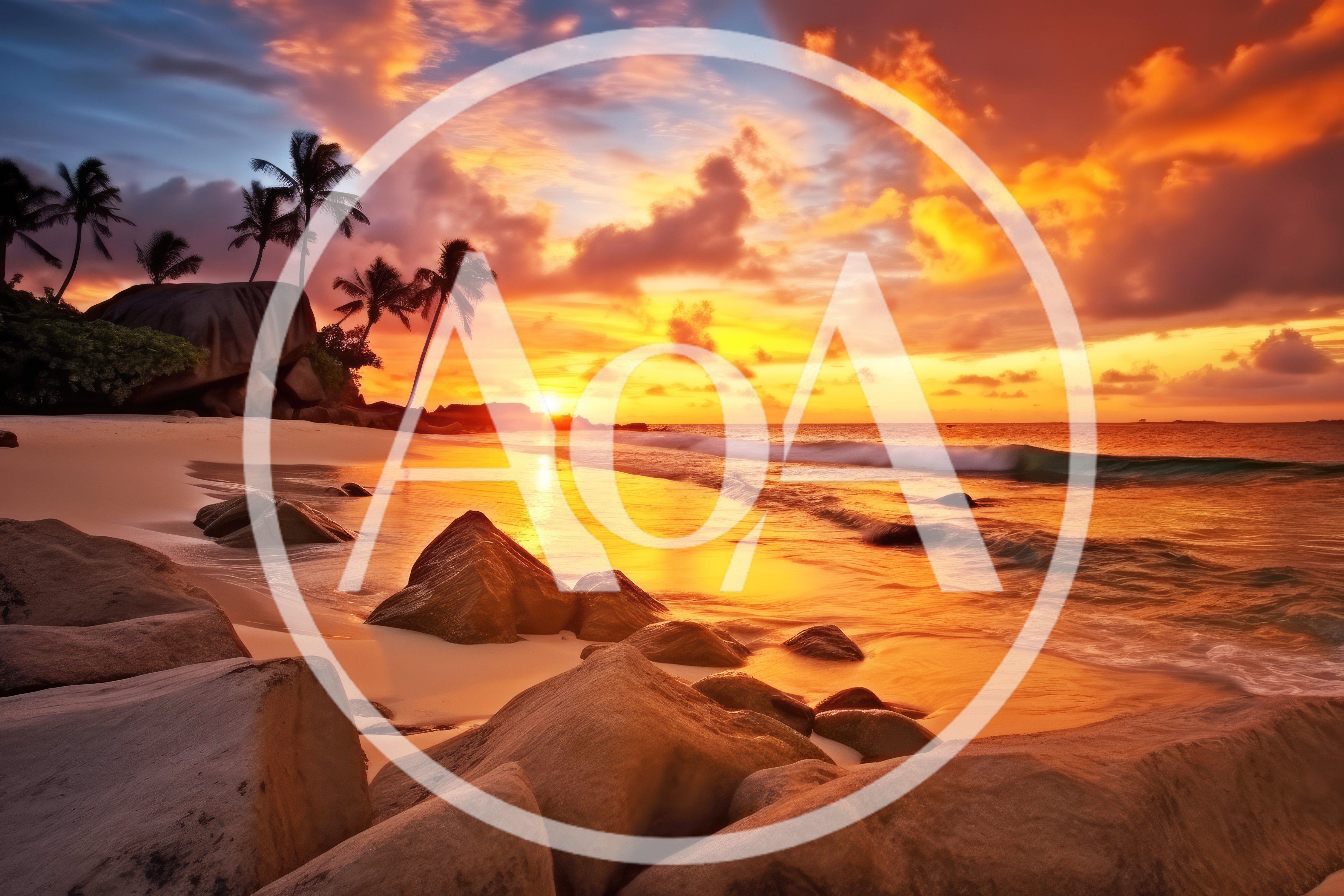 Tropical Beach Sunset With Palm Trees And Granite Rocks