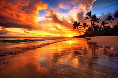 Tropical Beach Sunset With Palm Trees