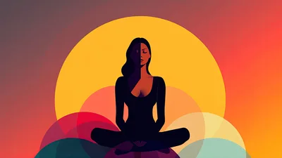 Woman Meditating In Lotus Position Against Abstract Sunset Background