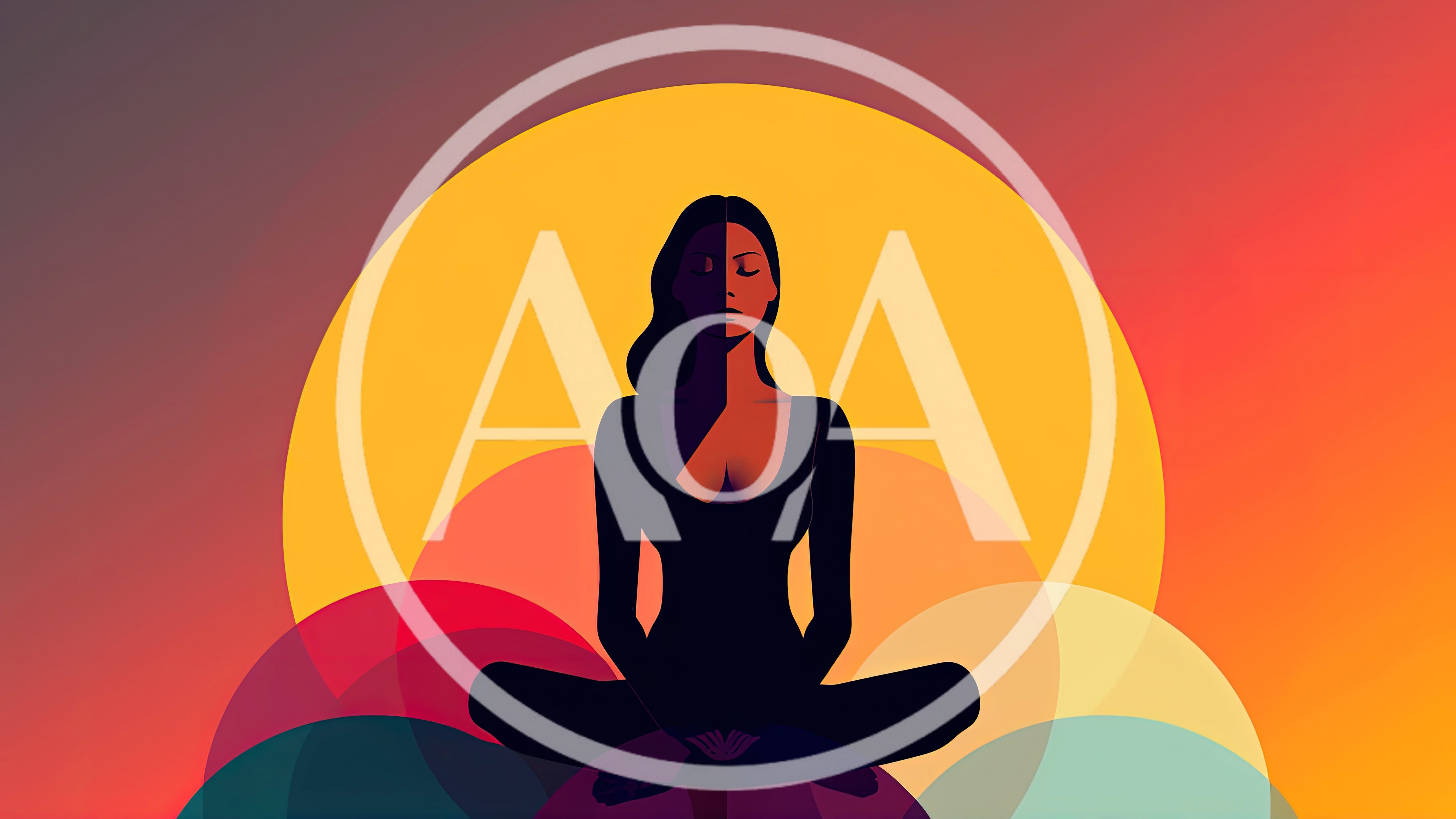 Woman Meditating In Lotus Position Against Abstract Sunset Background