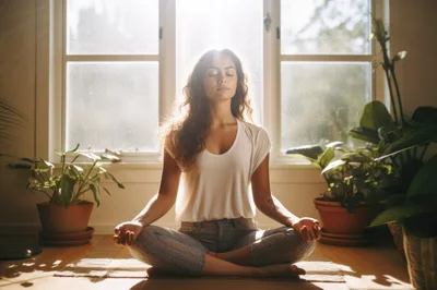 Young Woman Meditating In Lotus Position At Home