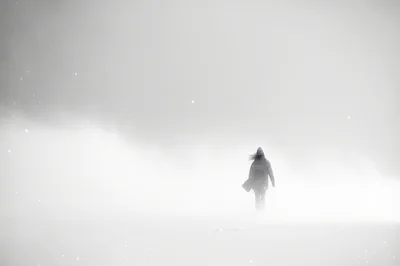 Lone Person Walking Through A Snowy Blizzard