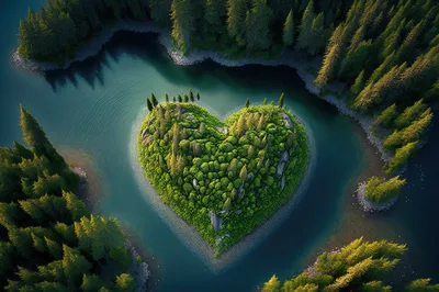 Heart Shaped Island In A Forest Lake