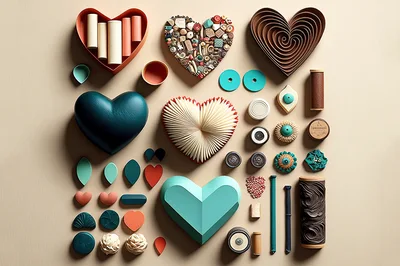 Flat Lay Collection of Heart Shaped Objects and Craft Supplies