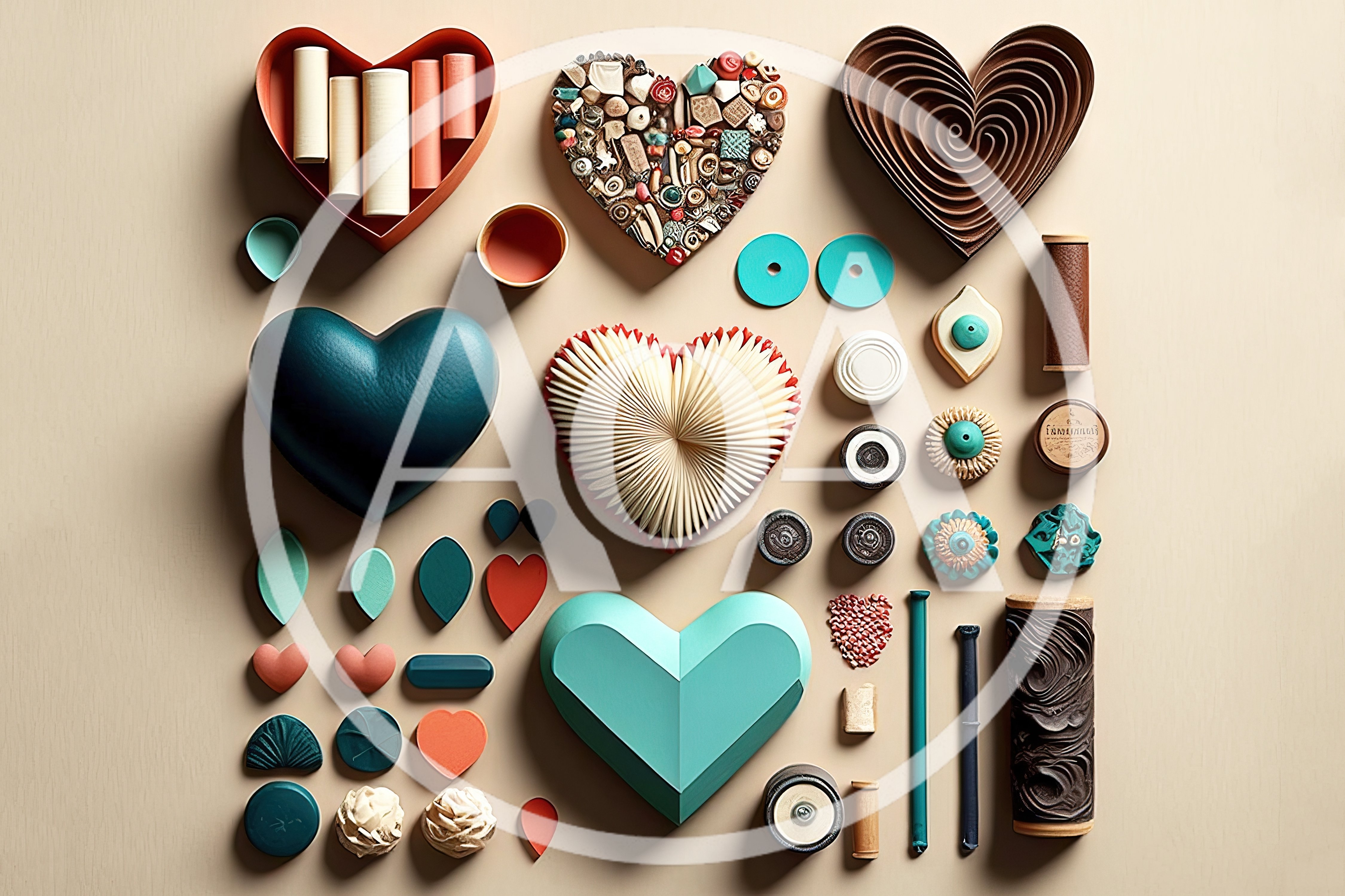 Flat Lay Collection of Heart Shaped Objects and Craft Supplies