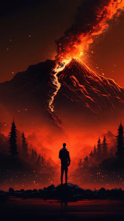 Silhouette Of A Man Watching A Volcanic Eruption