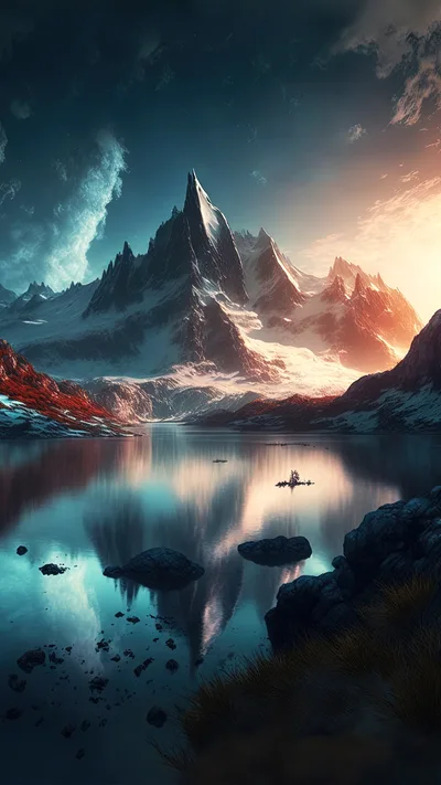 Majestic Snow Capped Mountain Peak Over Reflective Alpine Lake