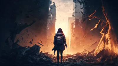 Lone Survivor Standing In A Ruined Post-Apocalyptic City