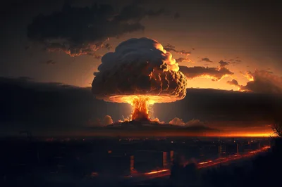 Massive Nuclear Explosion Over A Dark City Skyline