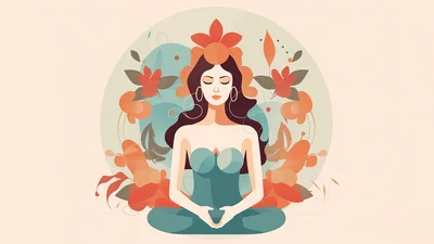 Woman Meditating In Lotus Position With Floral Background