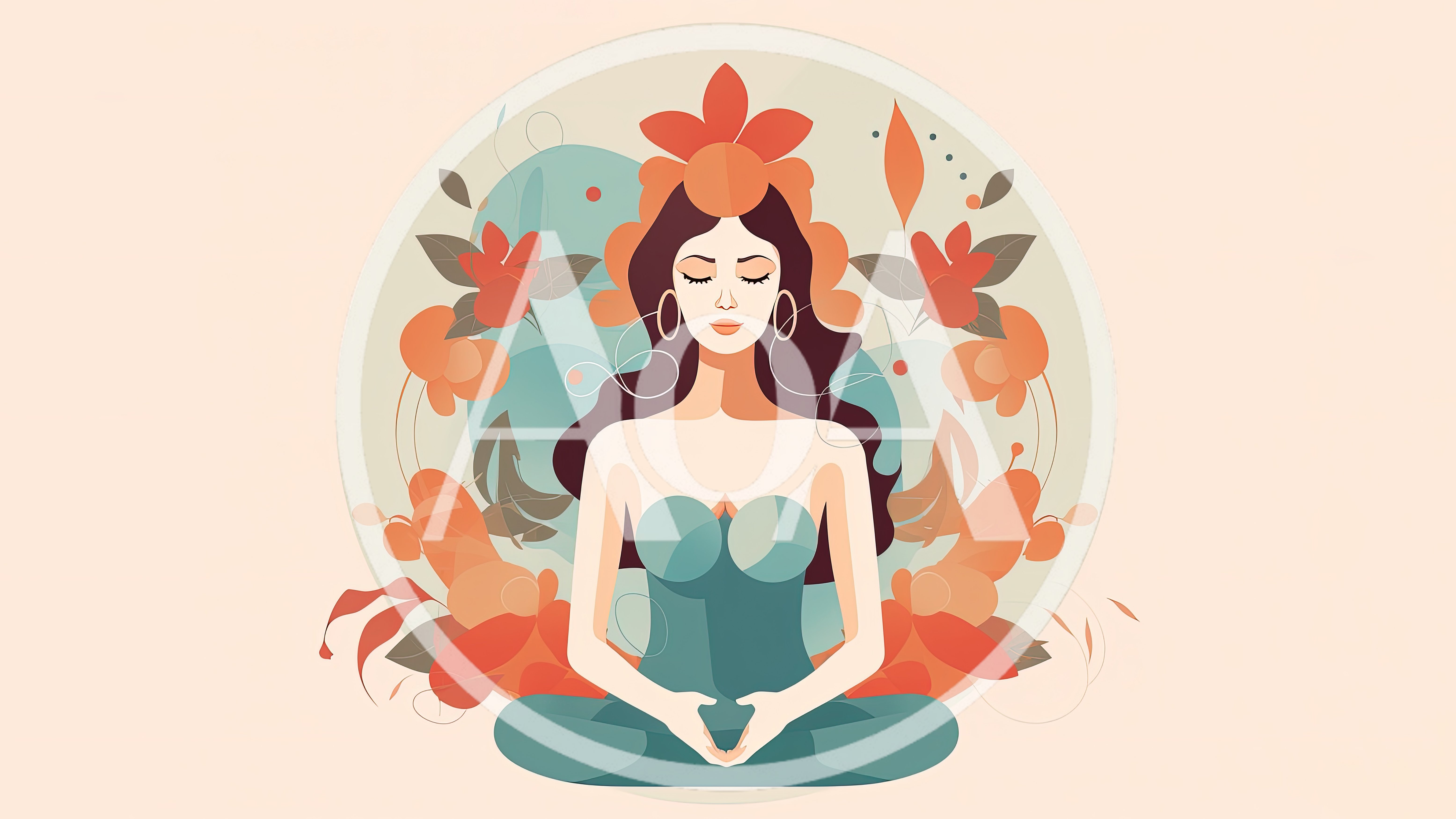 Woman Meditating In Lotus Position With Floral Background