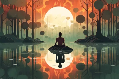 Person Meditating In A Surreal Forest Lake