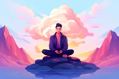 Man Meditating In Lotus Position On A Rock